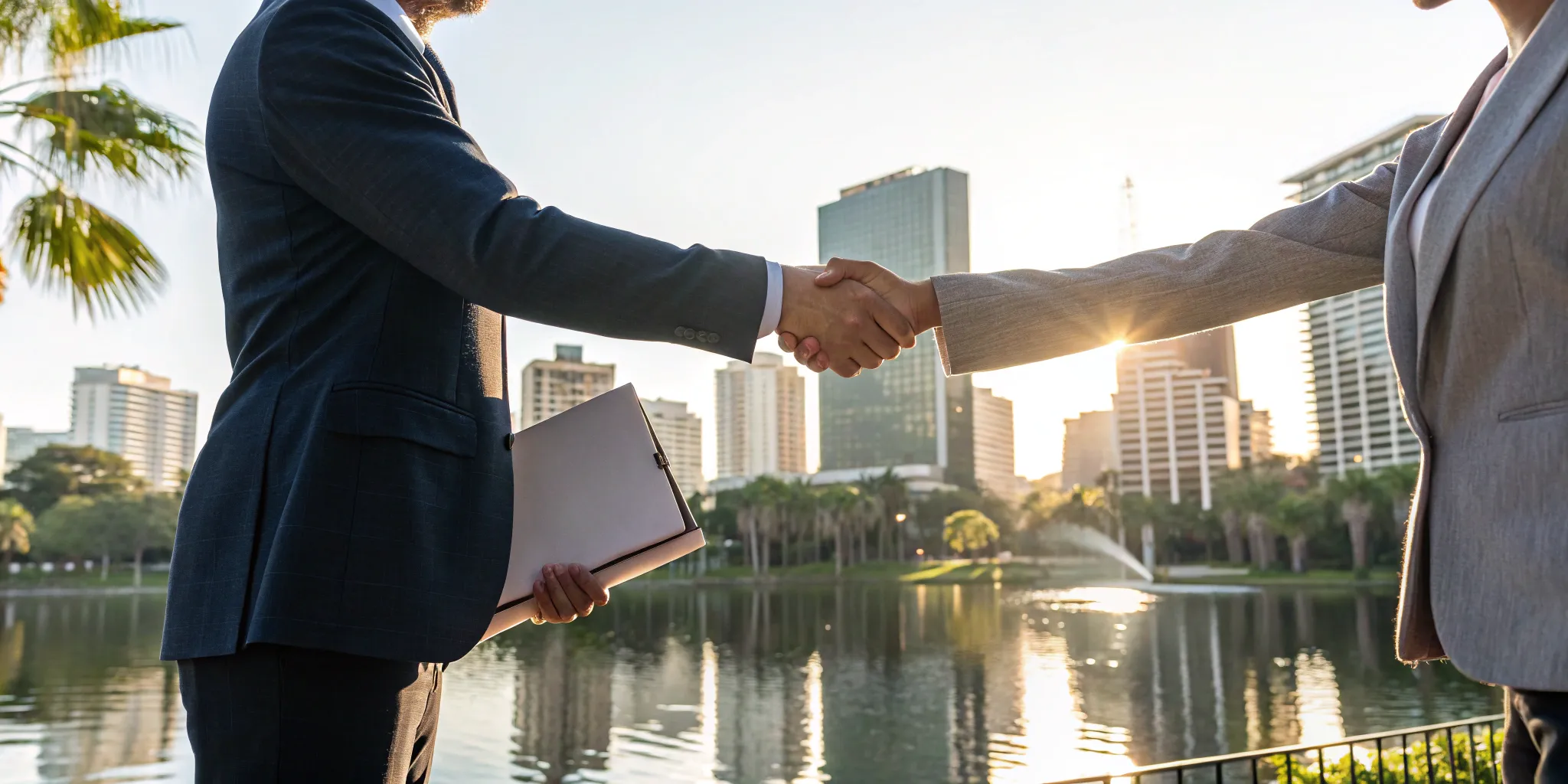 Orlando real estate agents shaking hands after closing a deal.