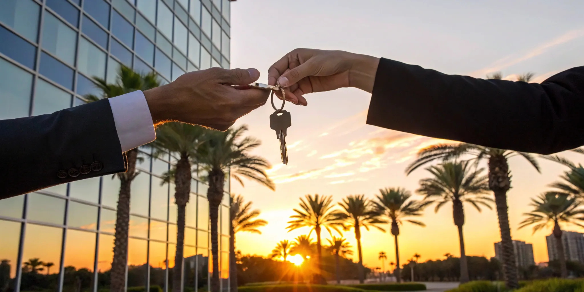 Orlando real estate agent handing keys to new homeowner.