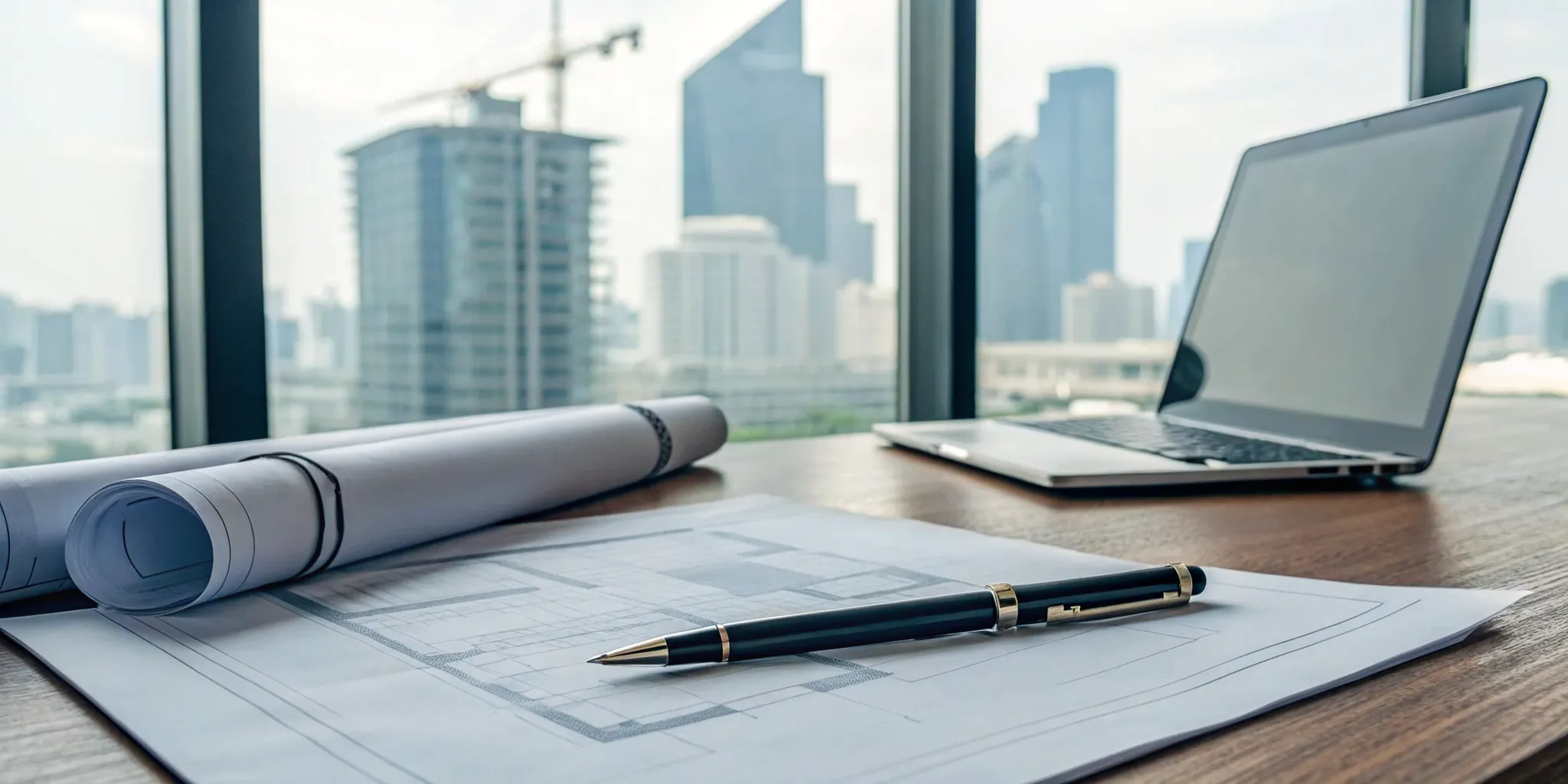 Commercial real estate legal documents on a desk overlooking a city.