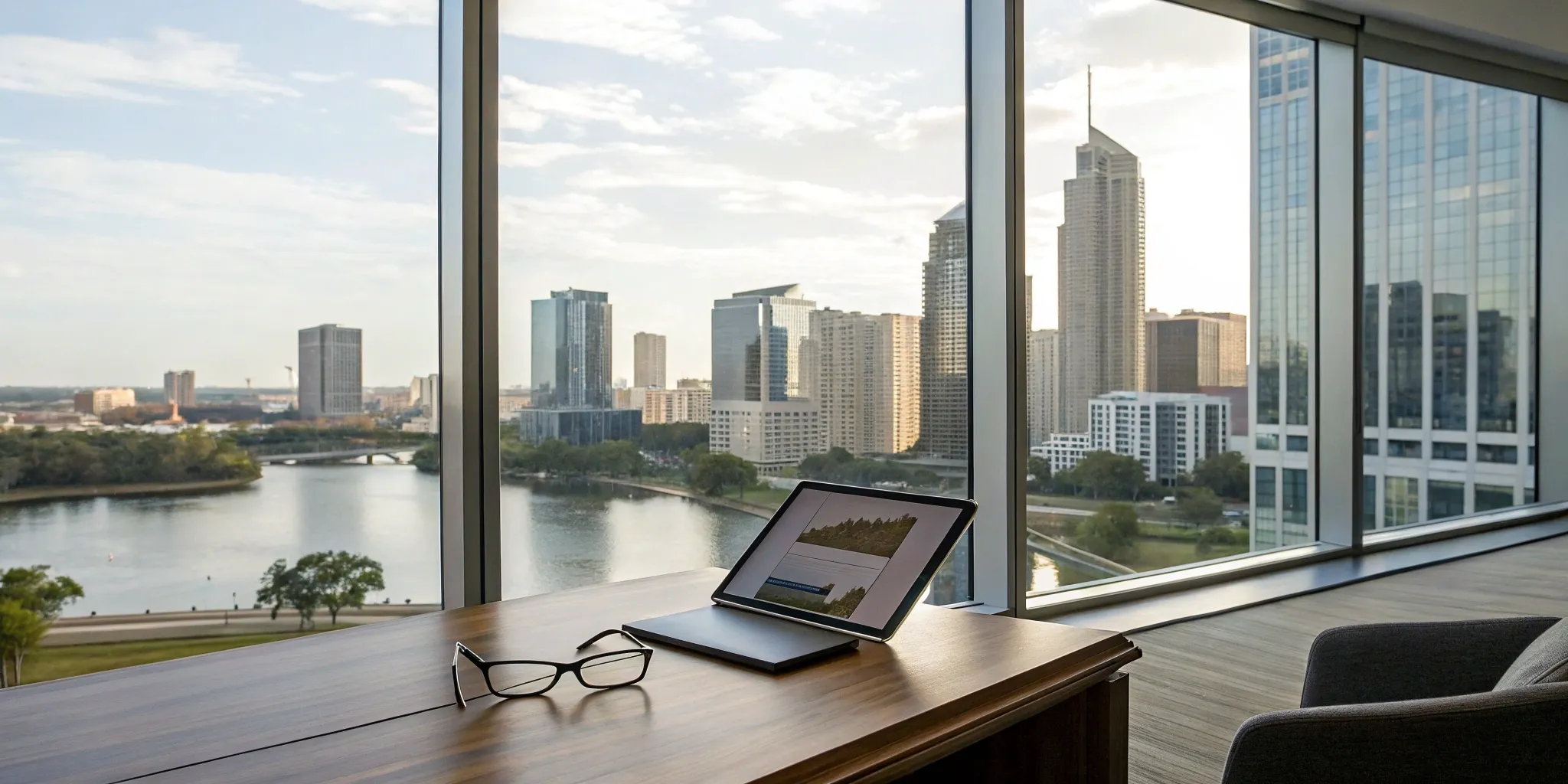 Find a commercial real estate agent. Office desk with city view.