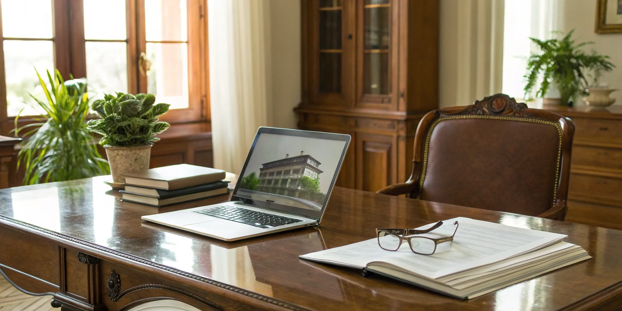 Laptop, books, and glasses on desk. Find a lawyer realtor.