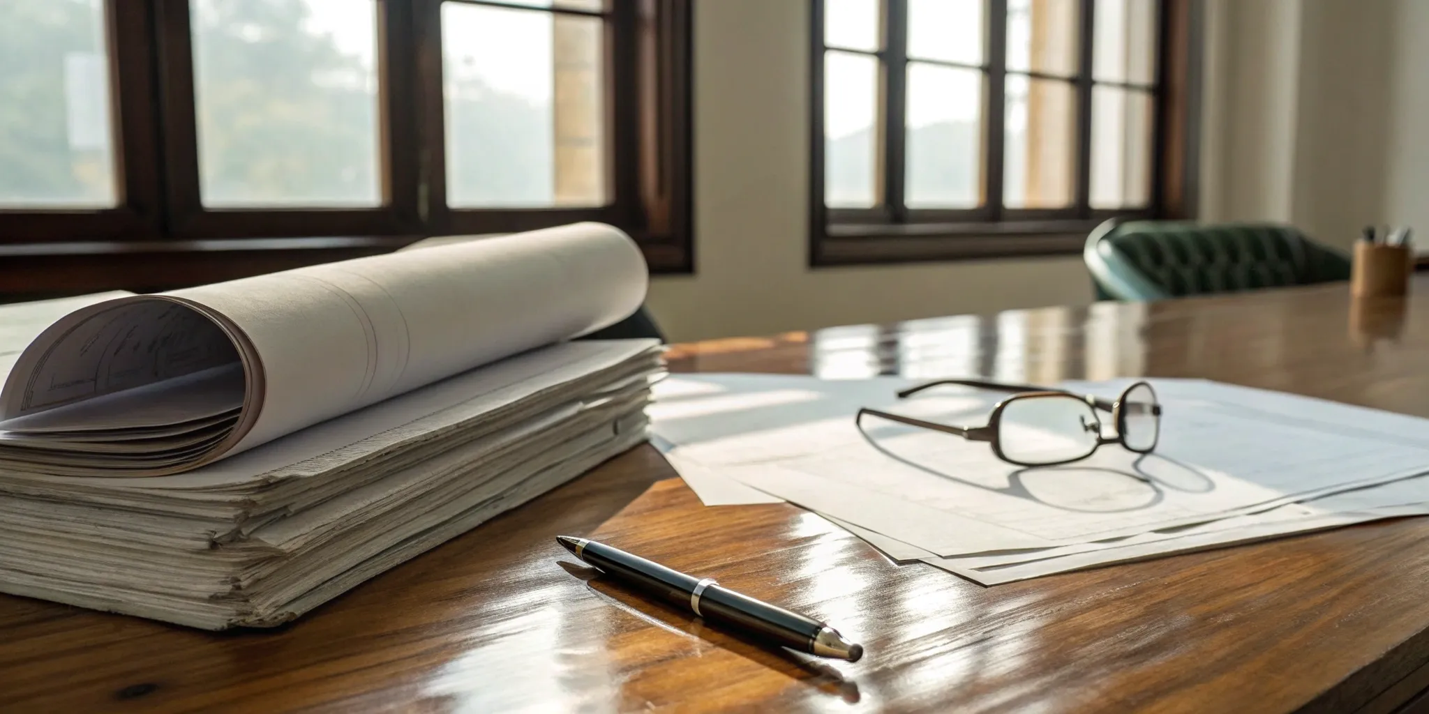 Real estate legal documents, pen, and glasses on desk.