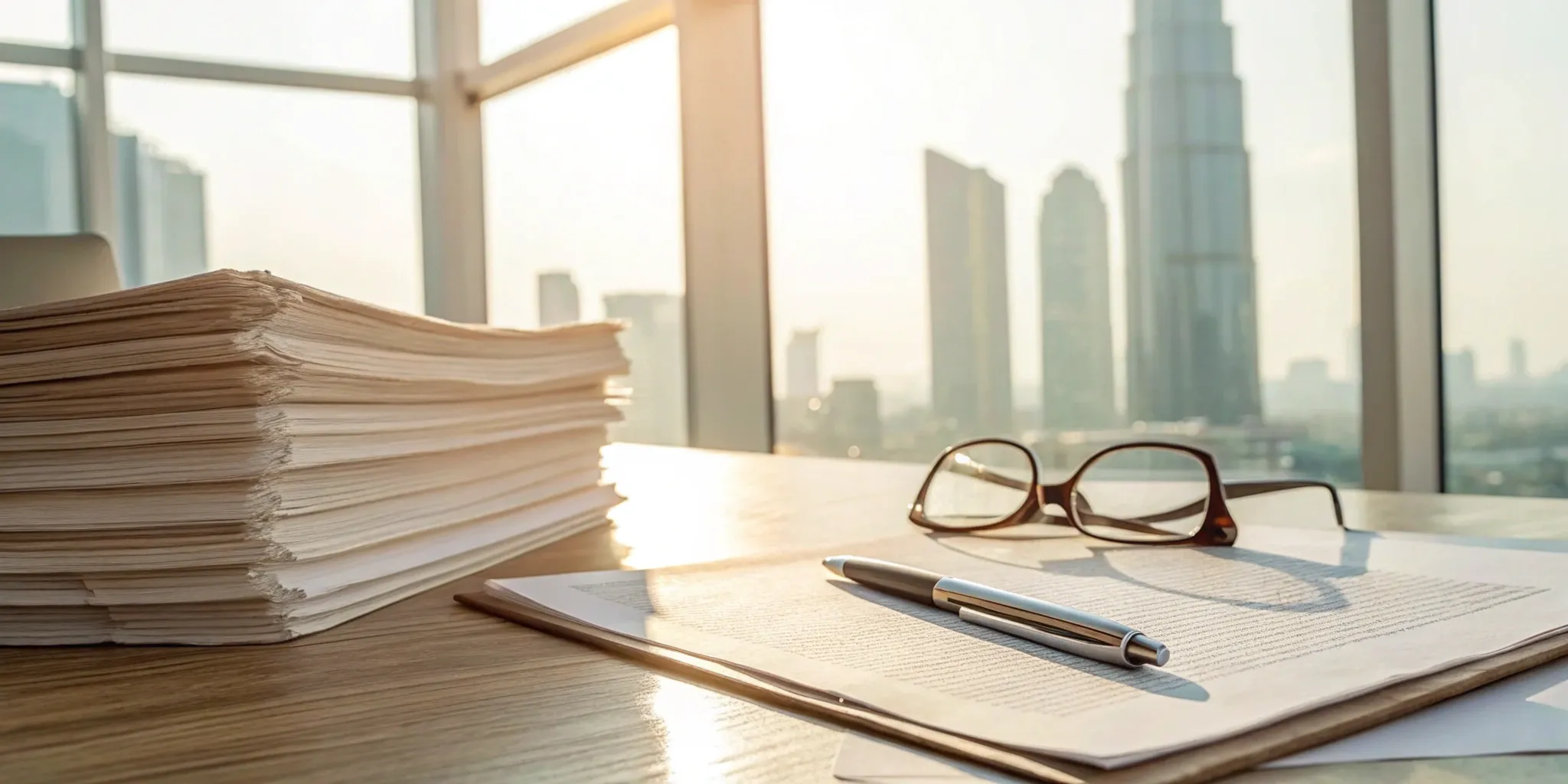 Legal documents and pen on desk.