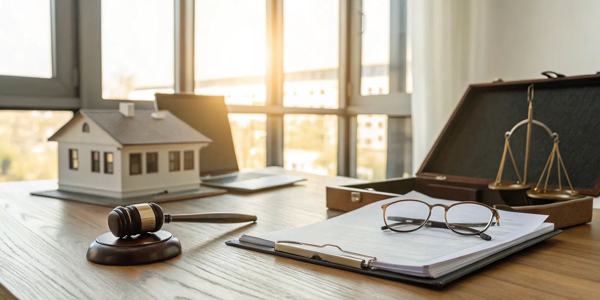 Real estate agent and lawyer combo: Gavel, scales, and house model.