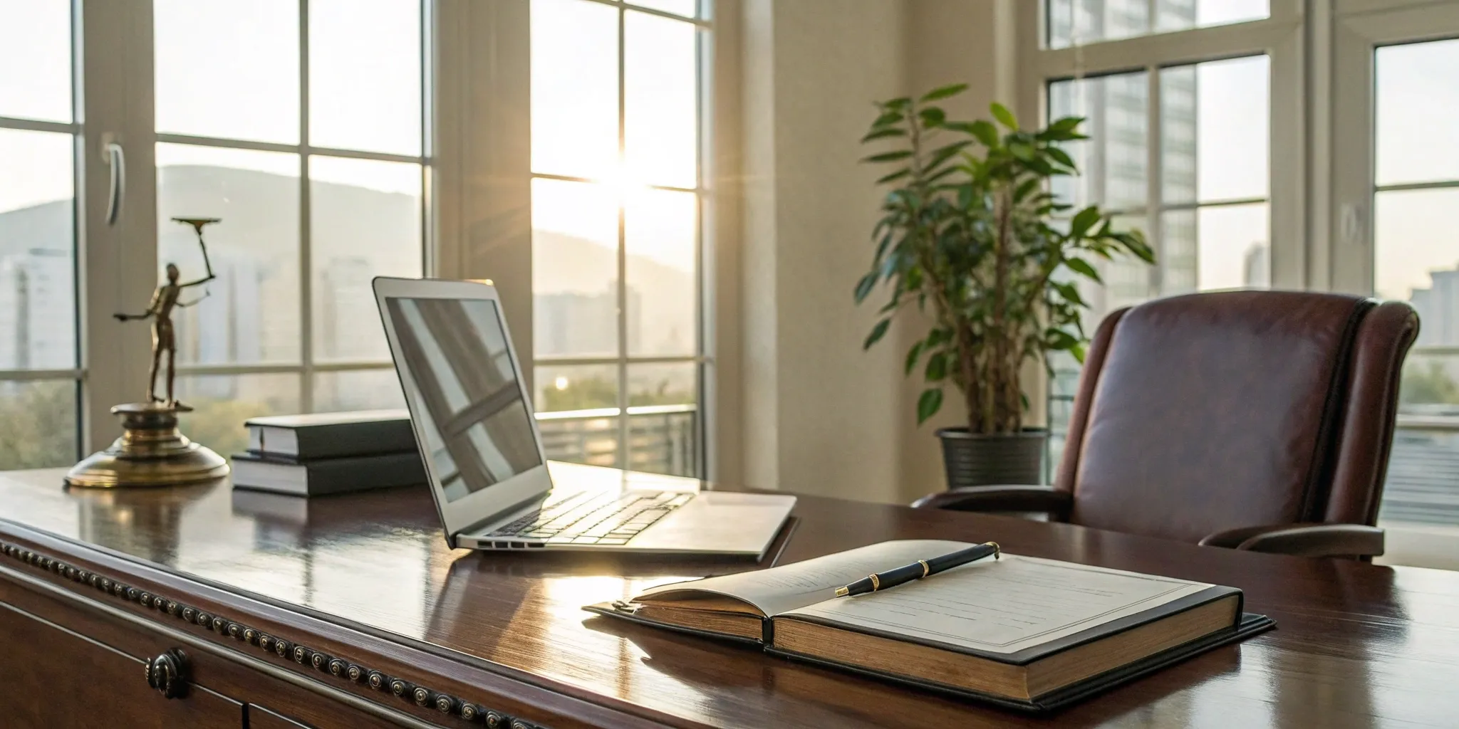 Residential real estate attorney's desk with law books and scales of justice.