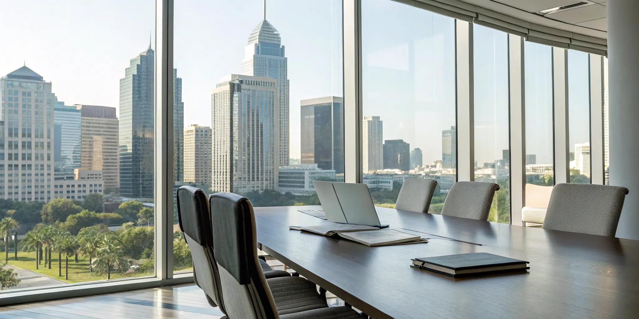 Commercial real estate attorney in modern office with city view.