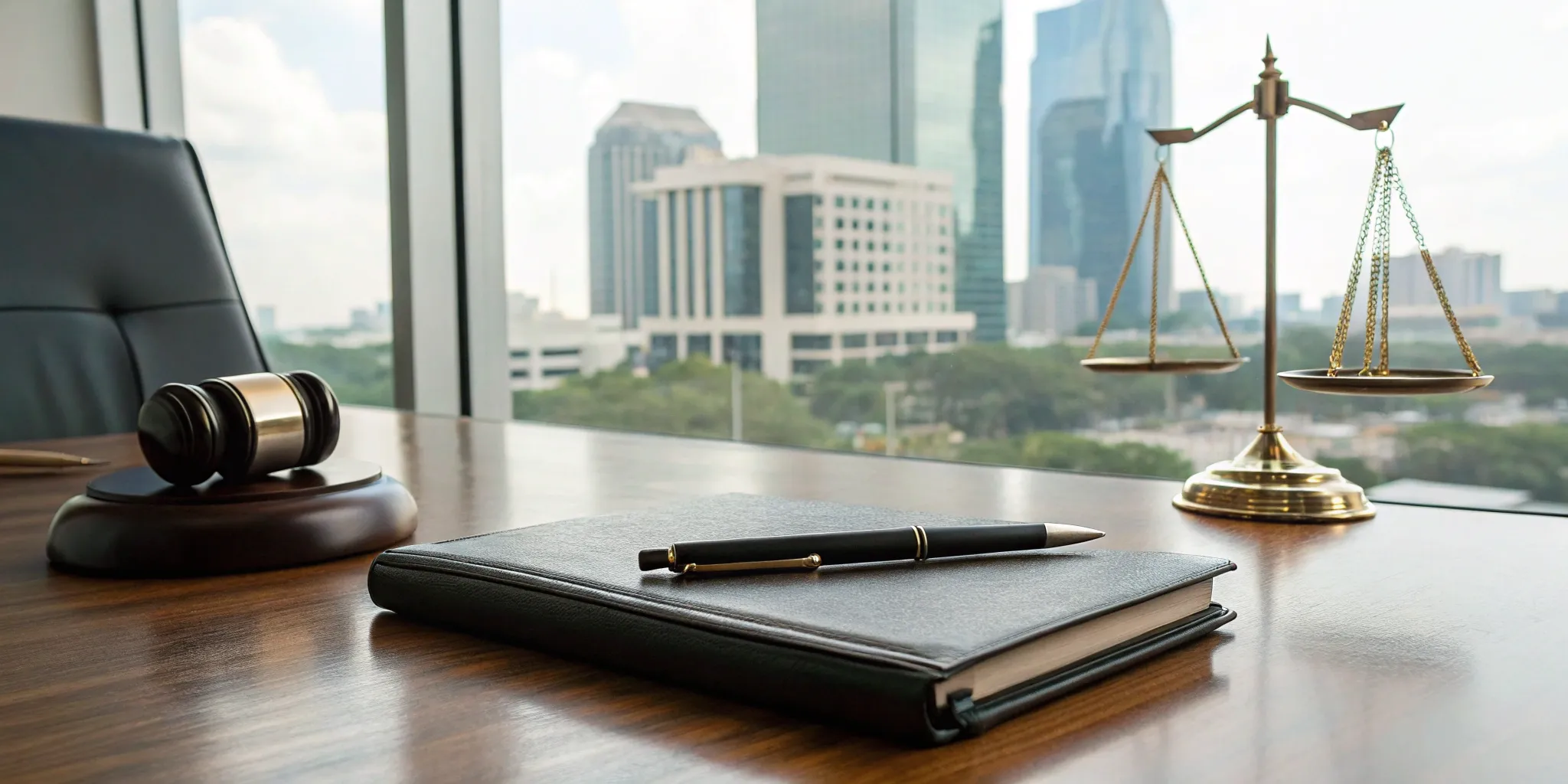 Real estate attorney's desk with legal tools.
