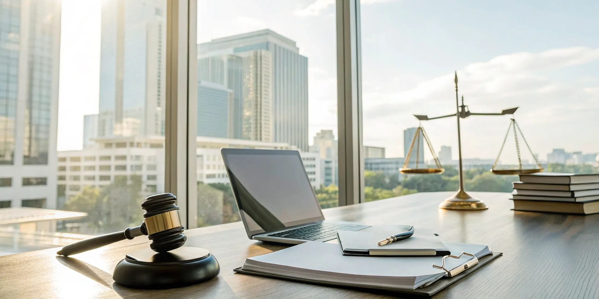 Florida real estate attorney tools: gavel, scales, and laptop.