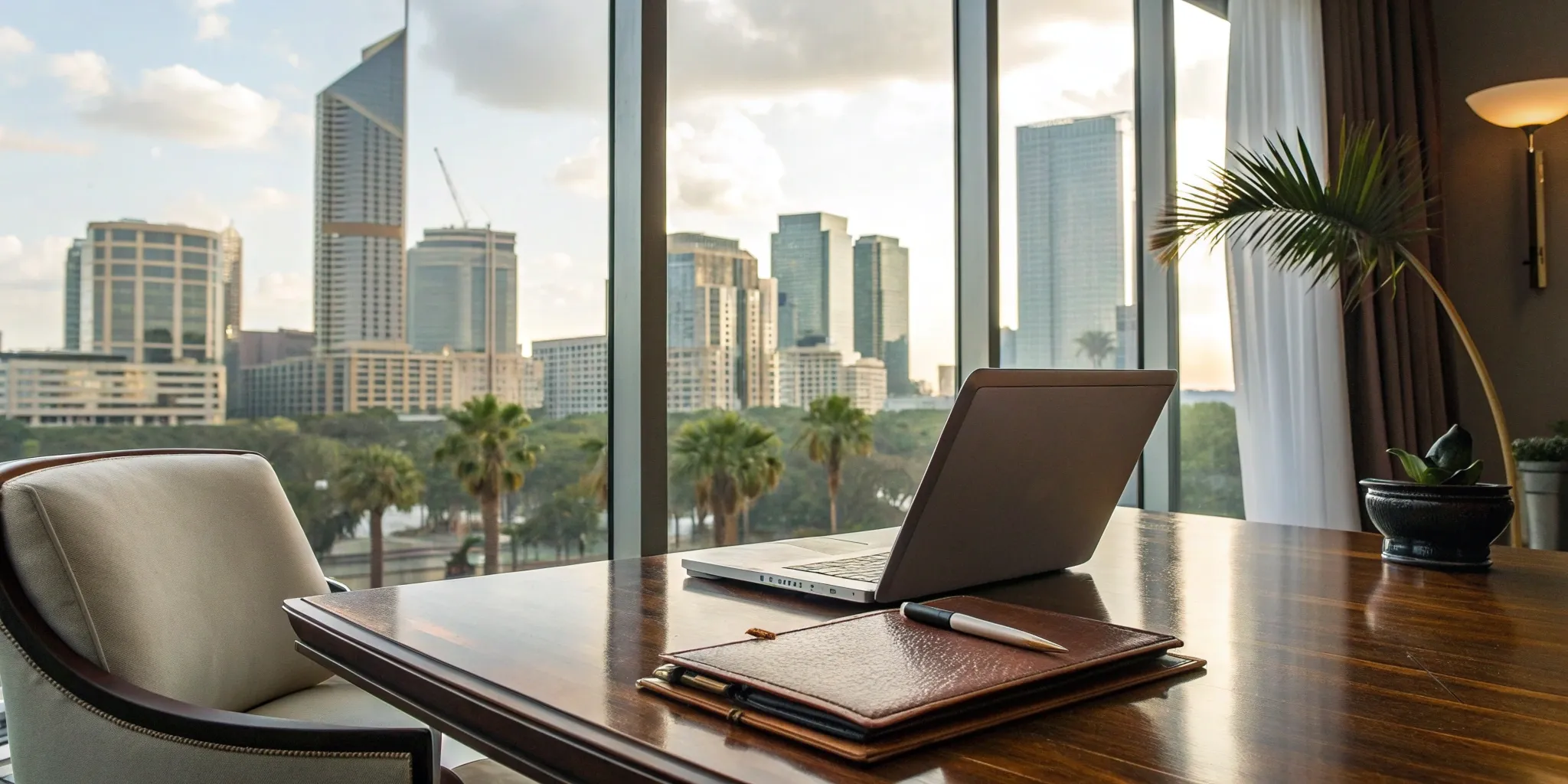 Florida attorney realtor workspace with laptop, notebook, and city view.