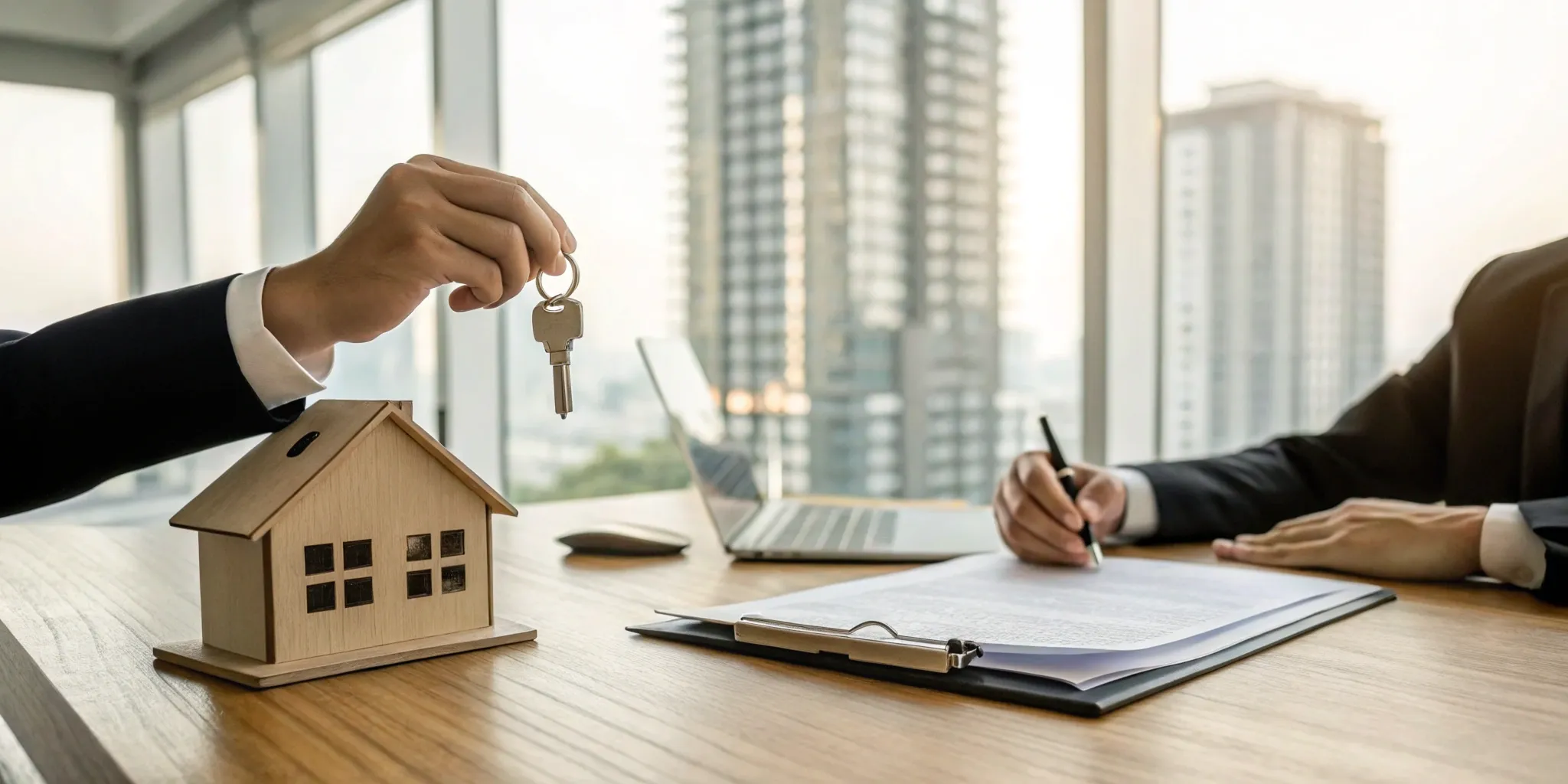 Attorney-realtor signing documents and exchanging keys.