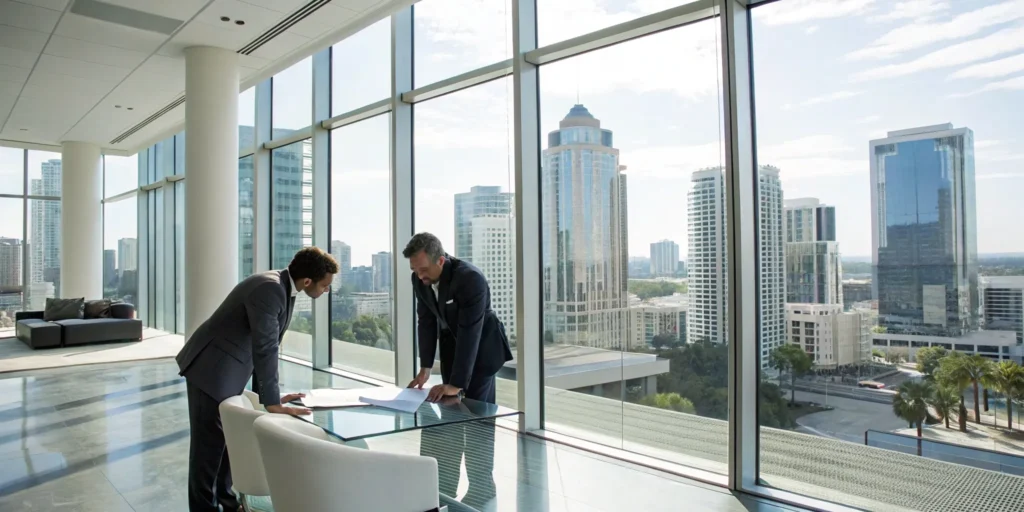 Orlando commercial property agent reviewing documents with client.