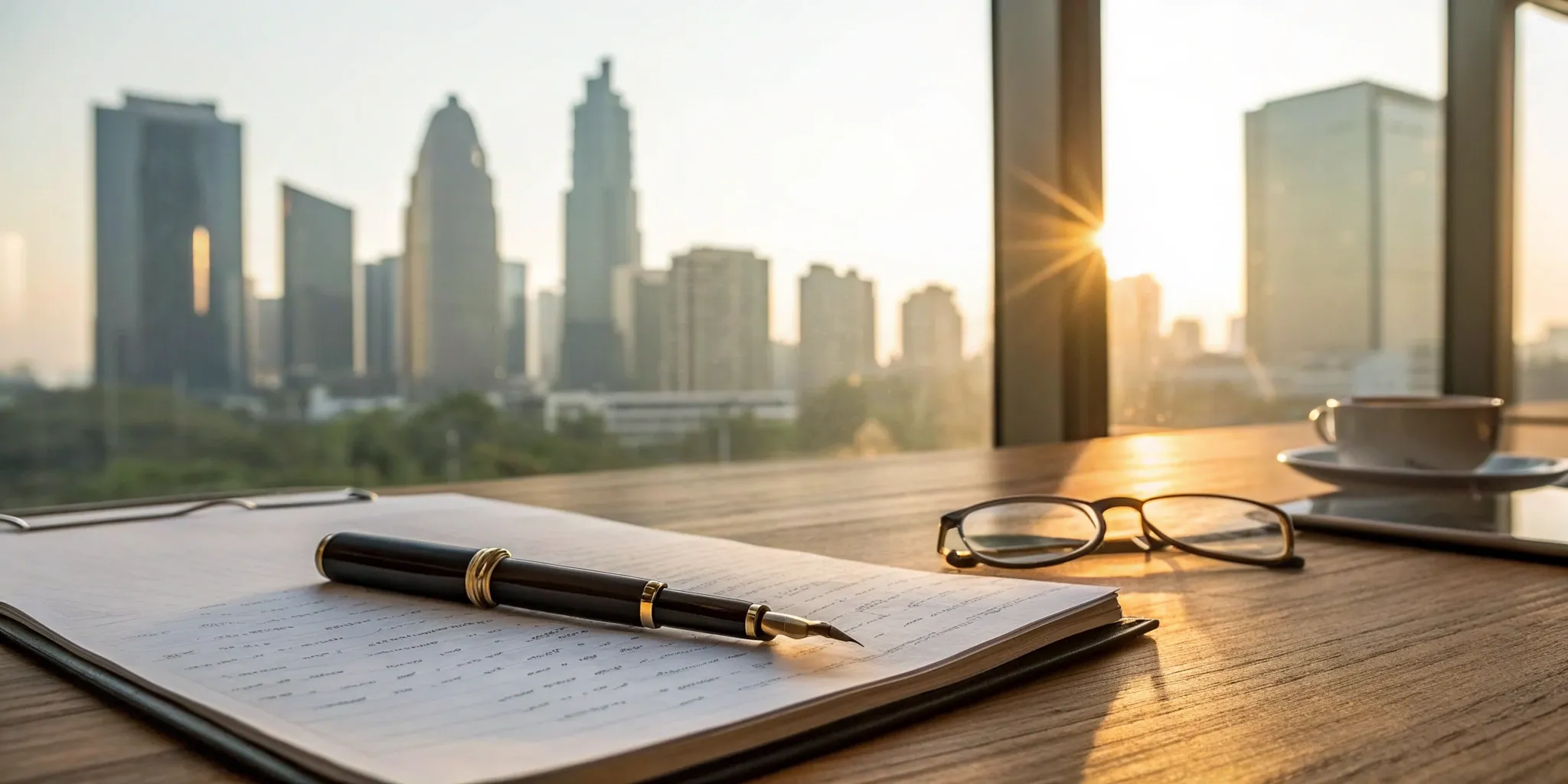 Florida real estate lawyer consultation: Documents, pen, and coffee on desk.