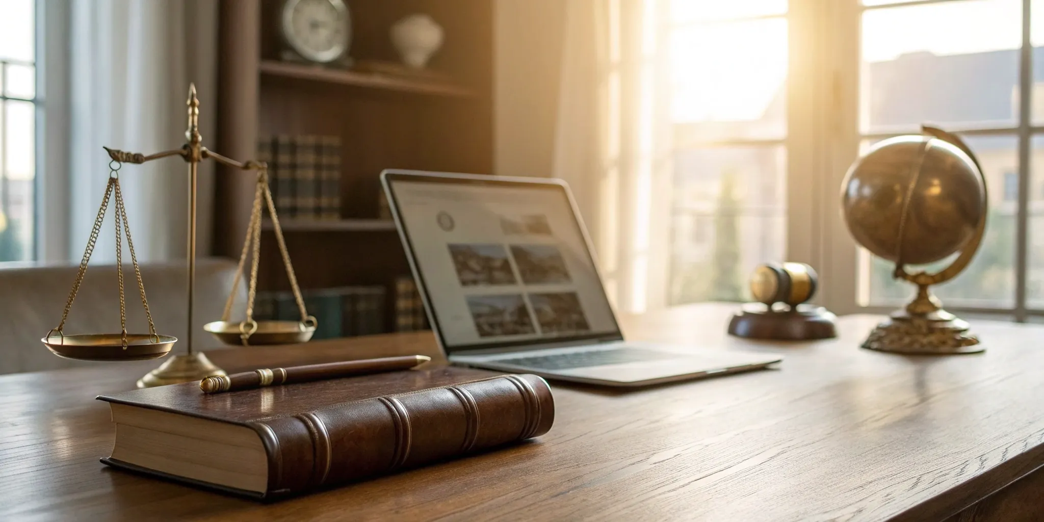 Real estate agent with legal expertise: law book, scales, and laptop.