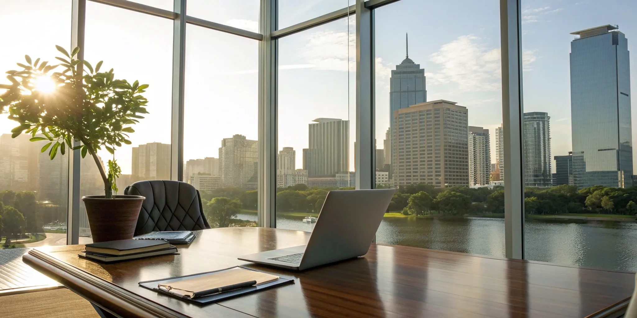 Kissimmee, FL real estate attorney workspace overlooking the city skyline.