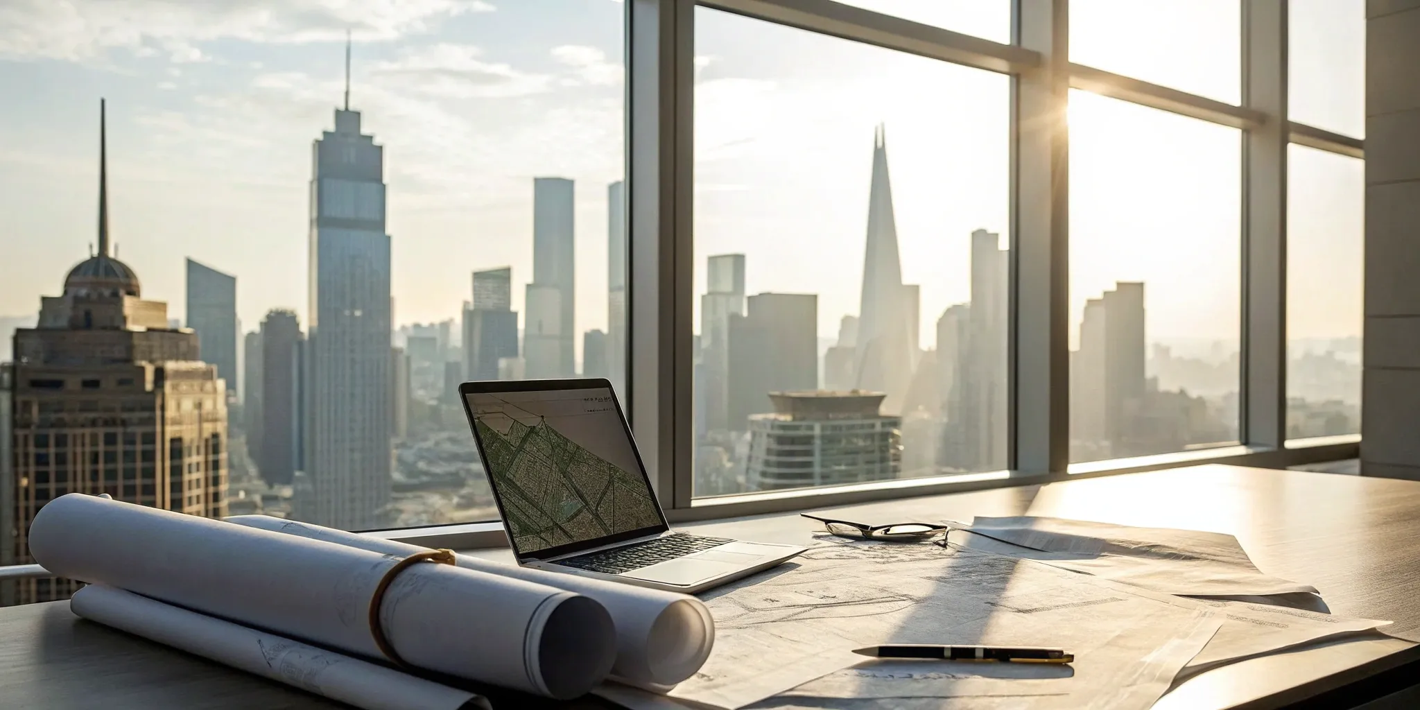 Real estate due diligence documents, laptop, and city view.