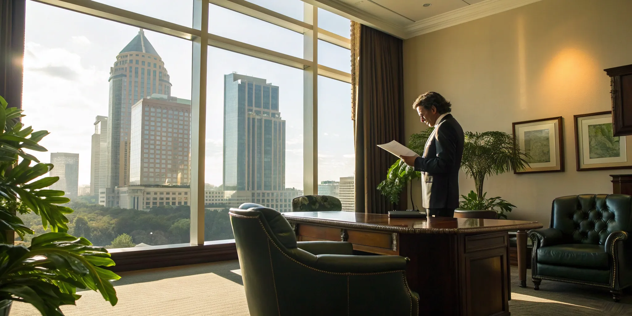 Florida real estate lawyer reviews documents in a modern office.