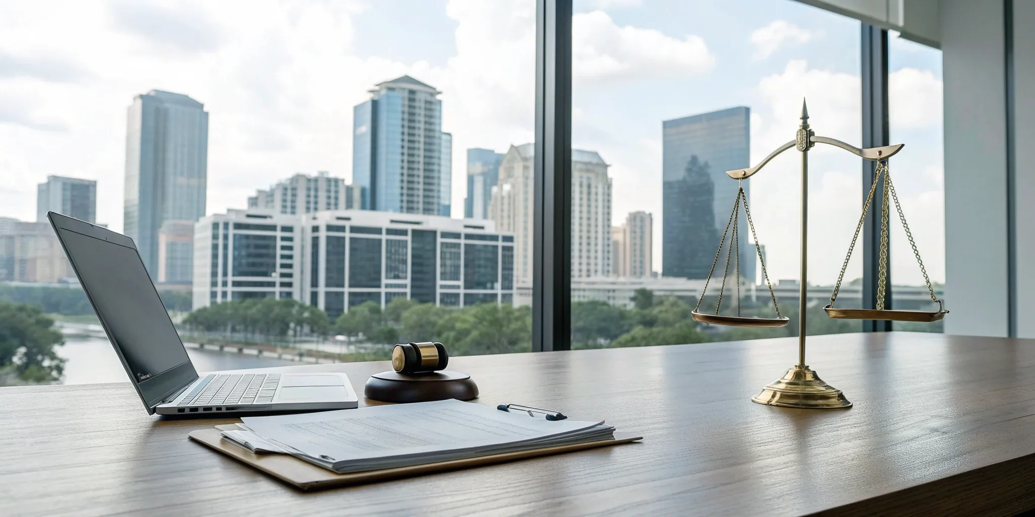 Orlando commercial real estate lawyer's desk with contract, gavel, and scales.
