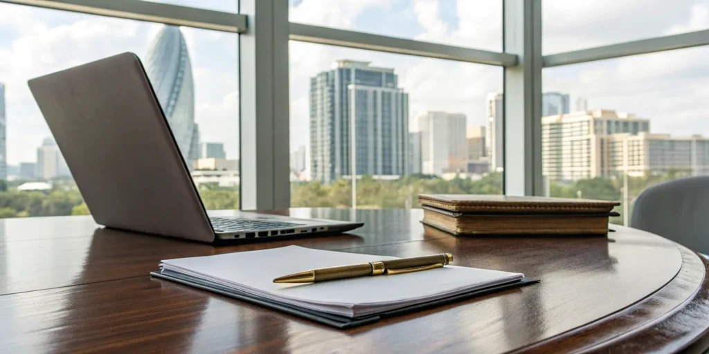 Orlando commercial real estate lawyer reviewing documents.