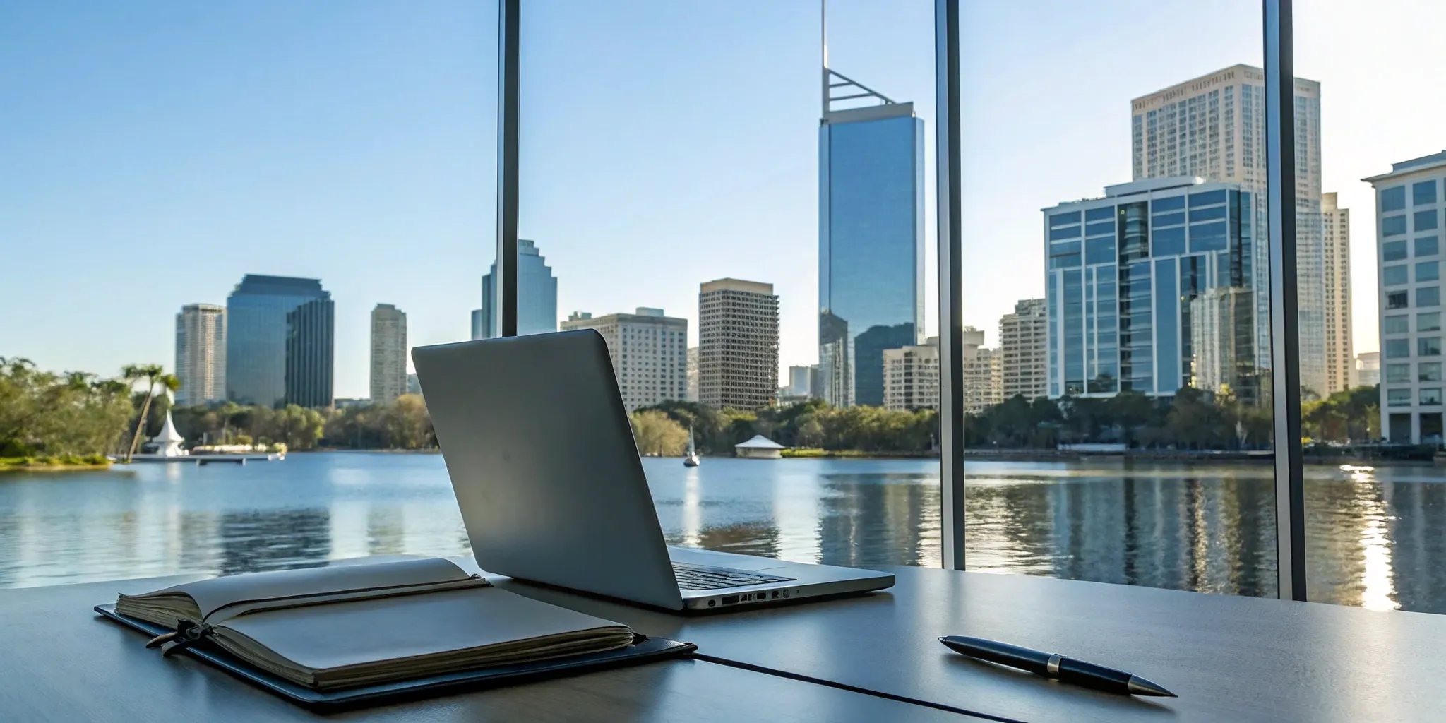 Orlando real estate broker tools: Laptop, notebook, and city view.