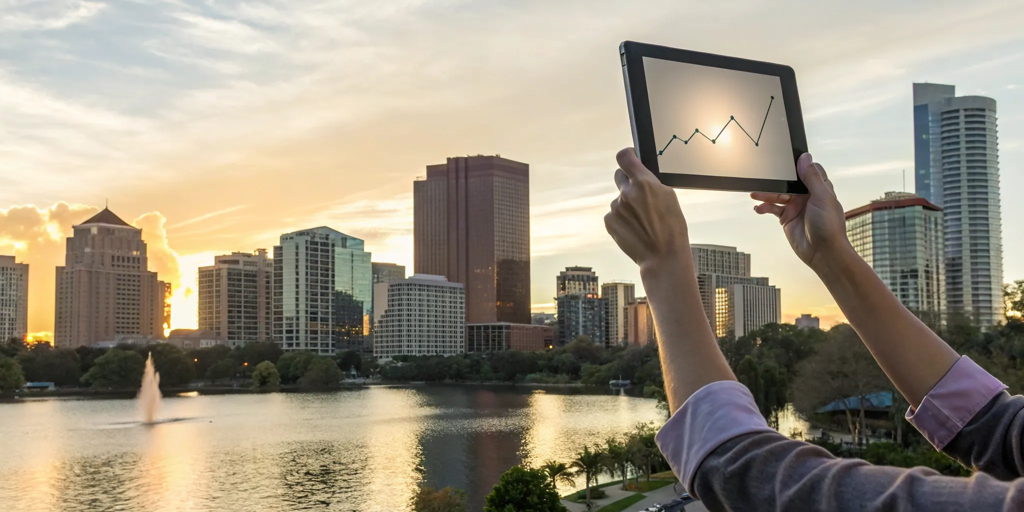 Orlando real estate market trends. Downtown skyline at sunset.