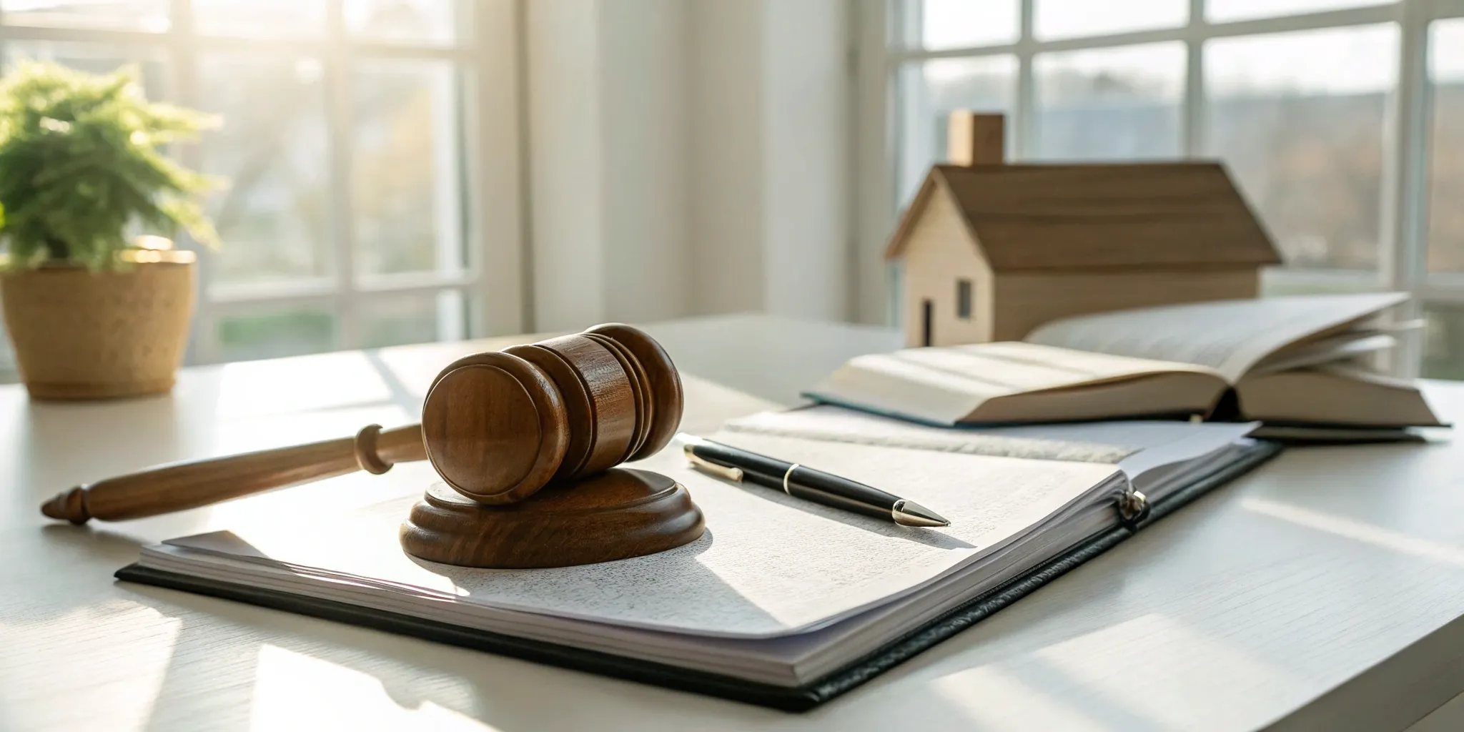 Property contract, pen, gavel, and house model on a desk.