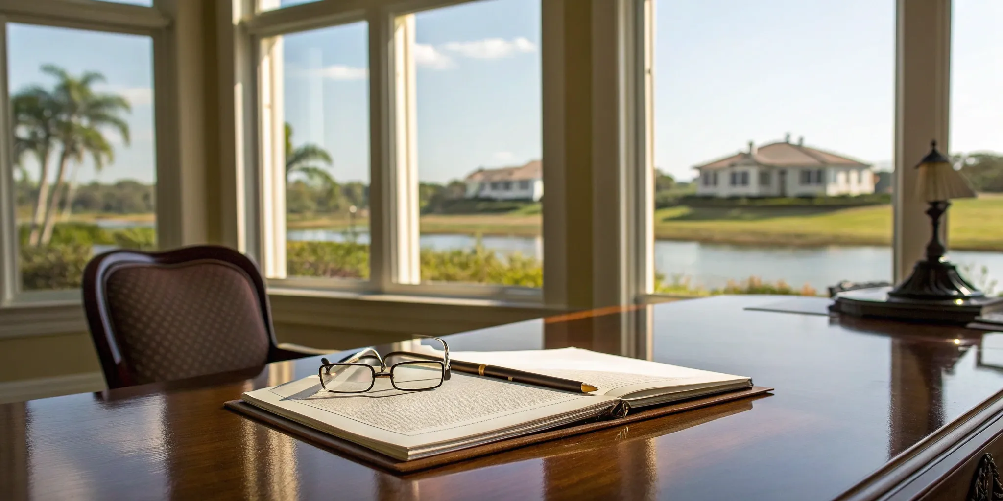 Real estate attorney essentials for sellers: Legal book, pen, and glasses on desk.
