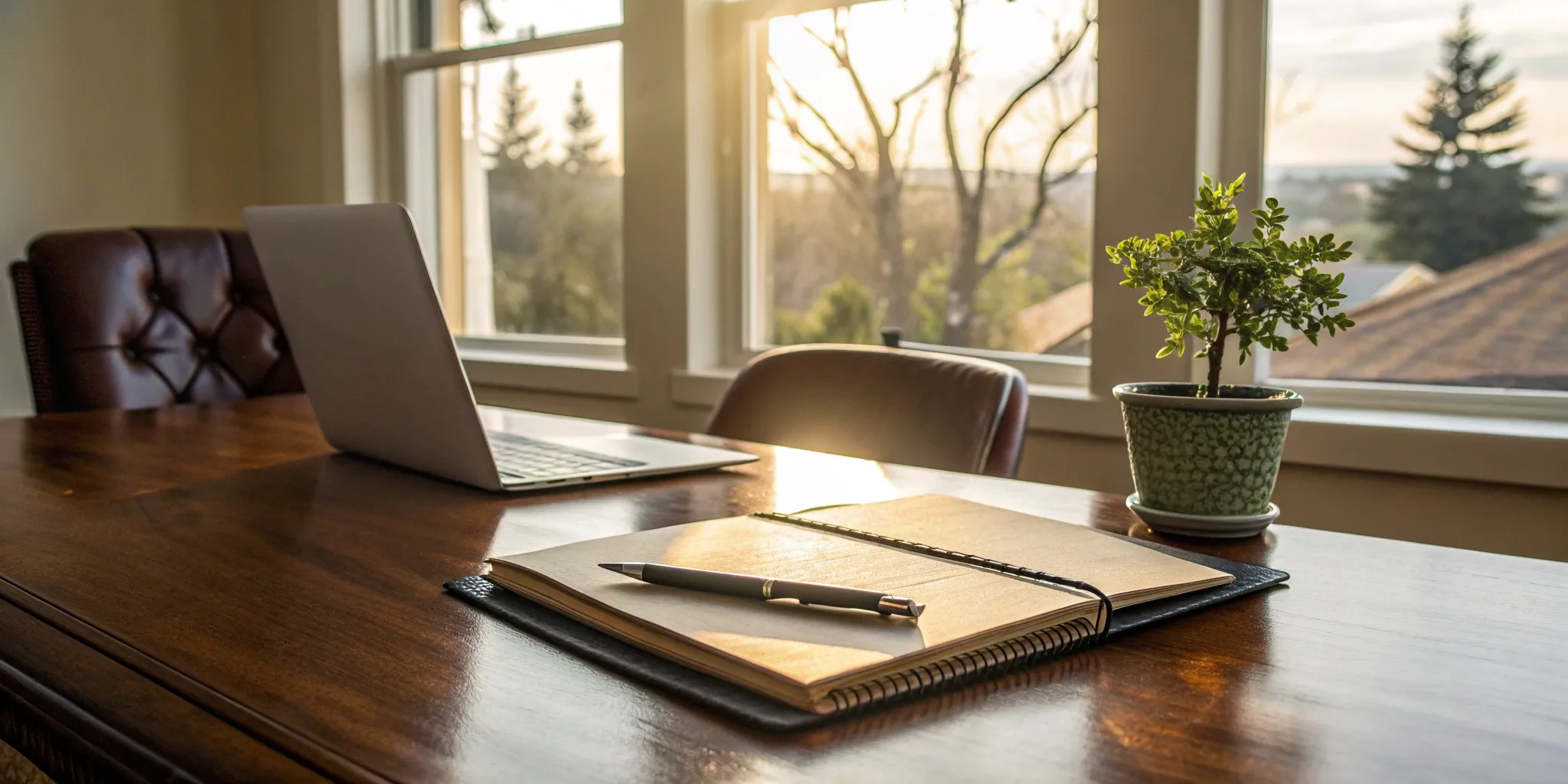 Real estate lawyer essentials: laptop, notebook, and pen.